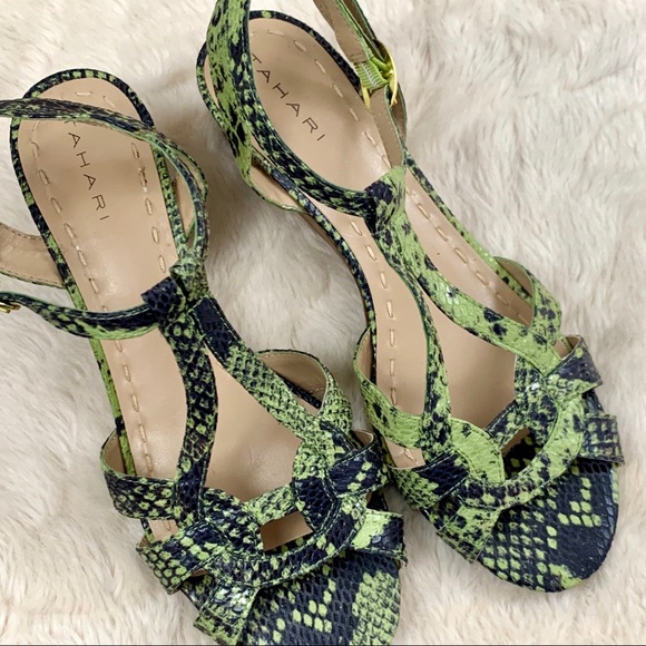 Tahari Hanover leather snakeskin print ankle strap wedges - Picture 2 of 10